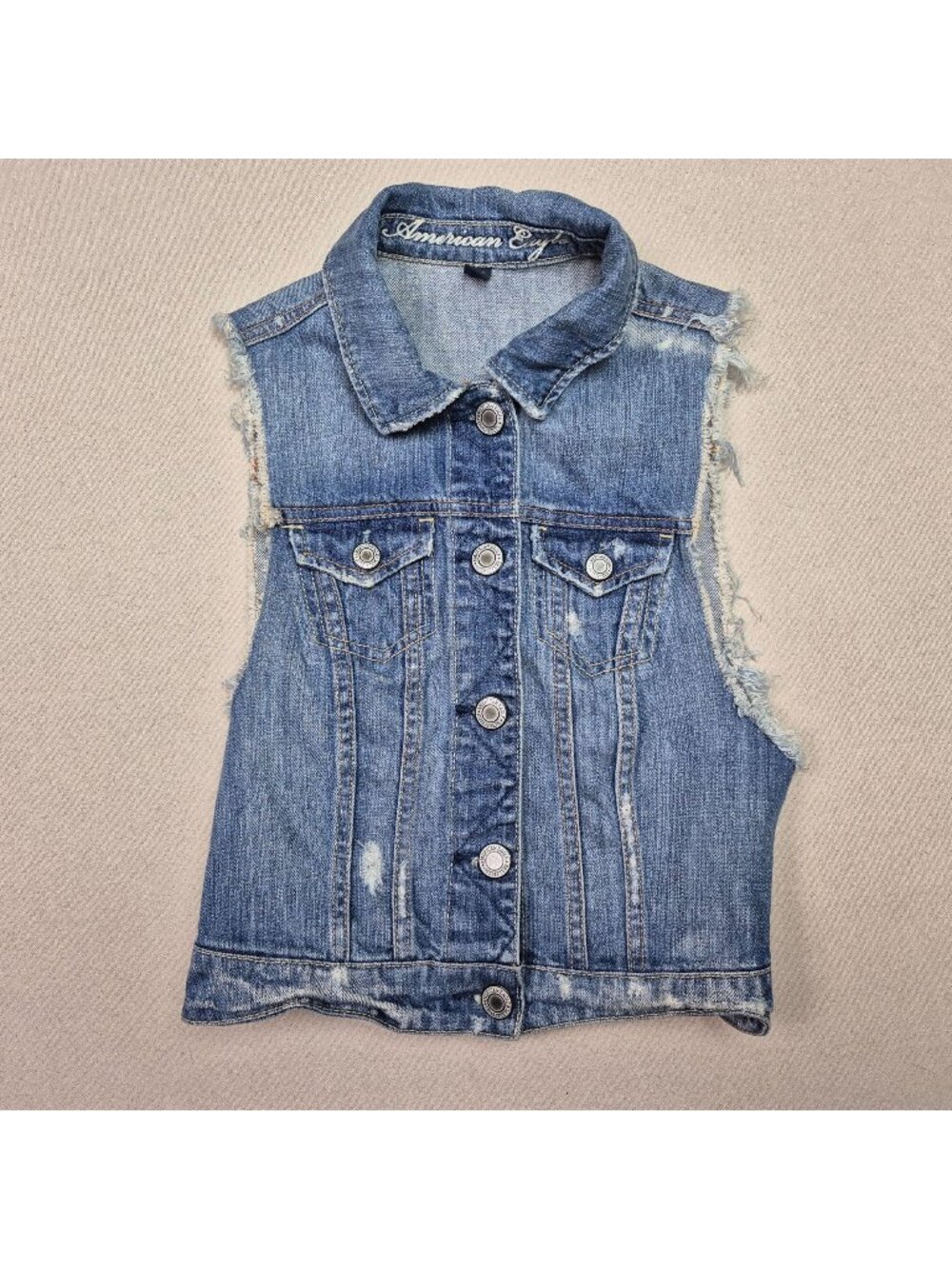 American Eagle Womens Cropped Sleeveless Frayed Hem Denim Blue Jean Jacket Sz XS